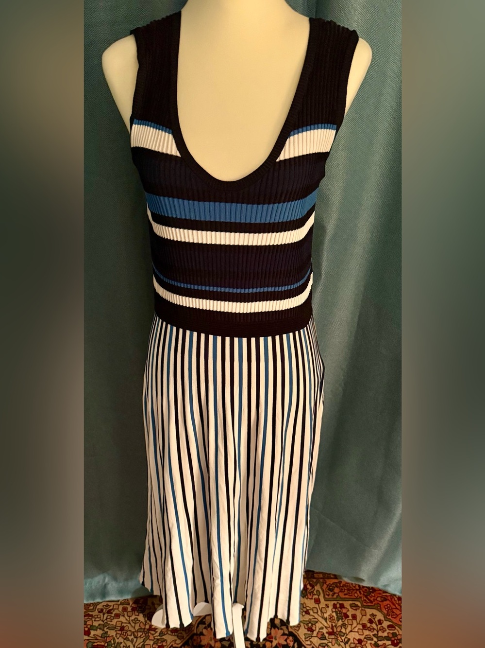 Tanya Taylor Navy, White & Blue Striped Midi Dress